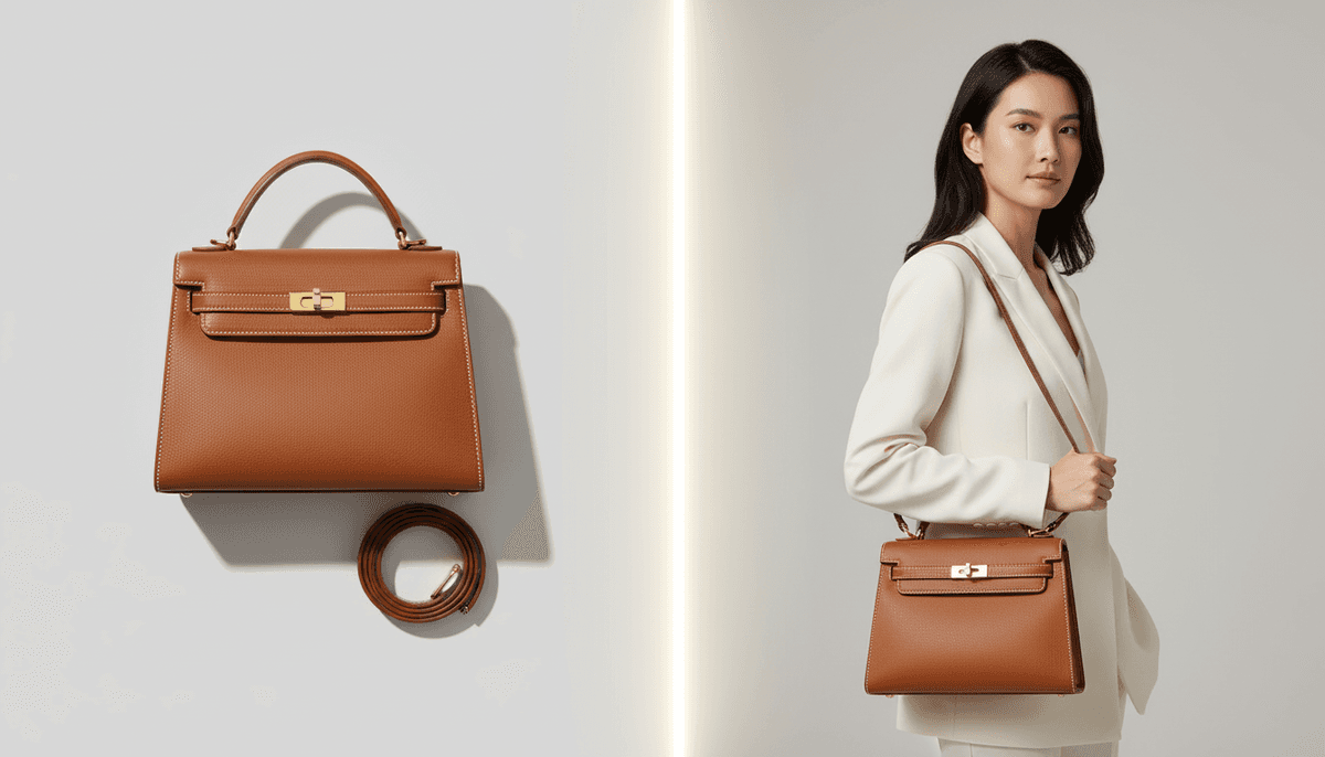 Premium leather handbag flat-lay transformed into on-model lifestyle photography showing scale and styling on AI model