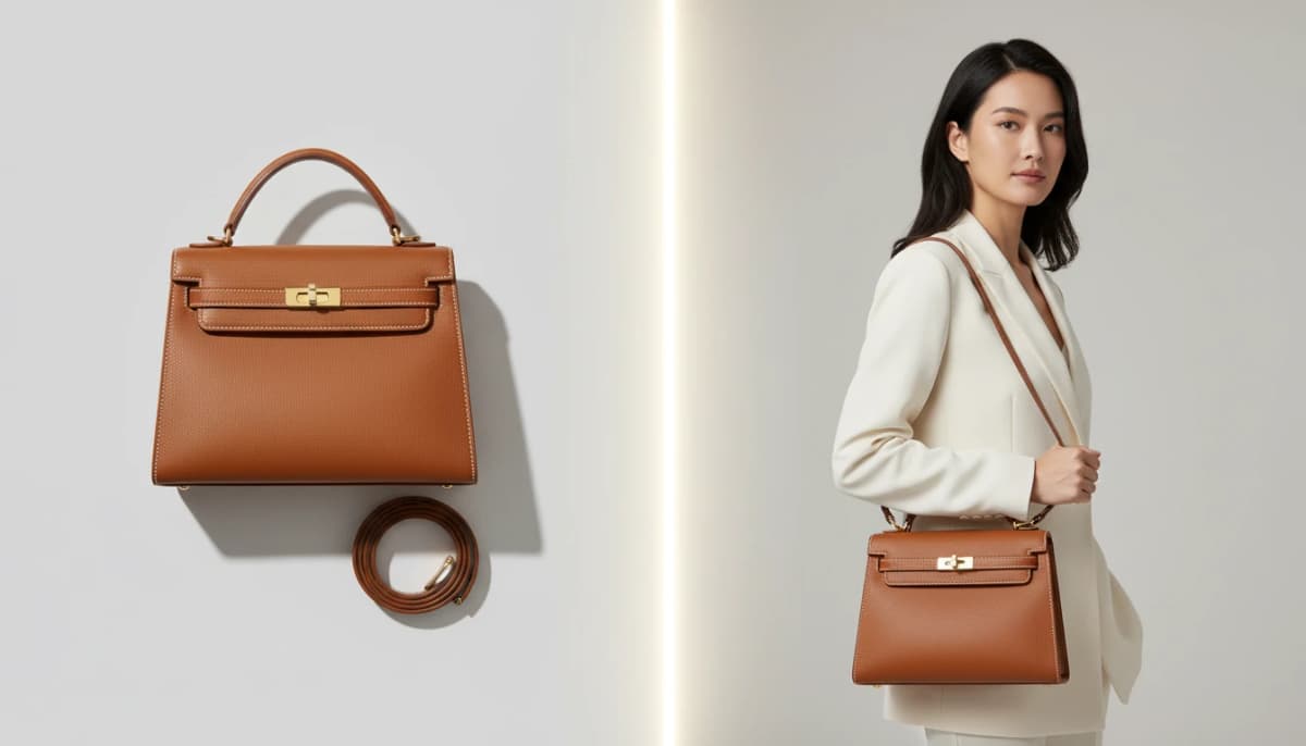 Premium leather handbag flat-lay transformed into on-model lifestyle photography showing scale and styling on AI model