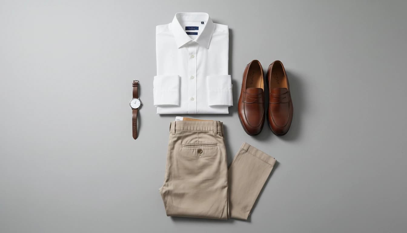 Men's clothing flat-lay product photo - white shirt, beige chinos, brown loafers, and watch ready for AI model transformation