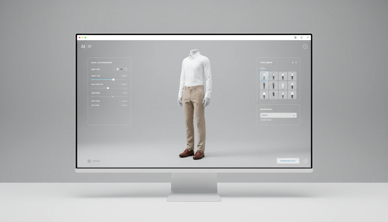 AI model generation interface showing transformation of product photos into on-model fashion photography with customization controls
