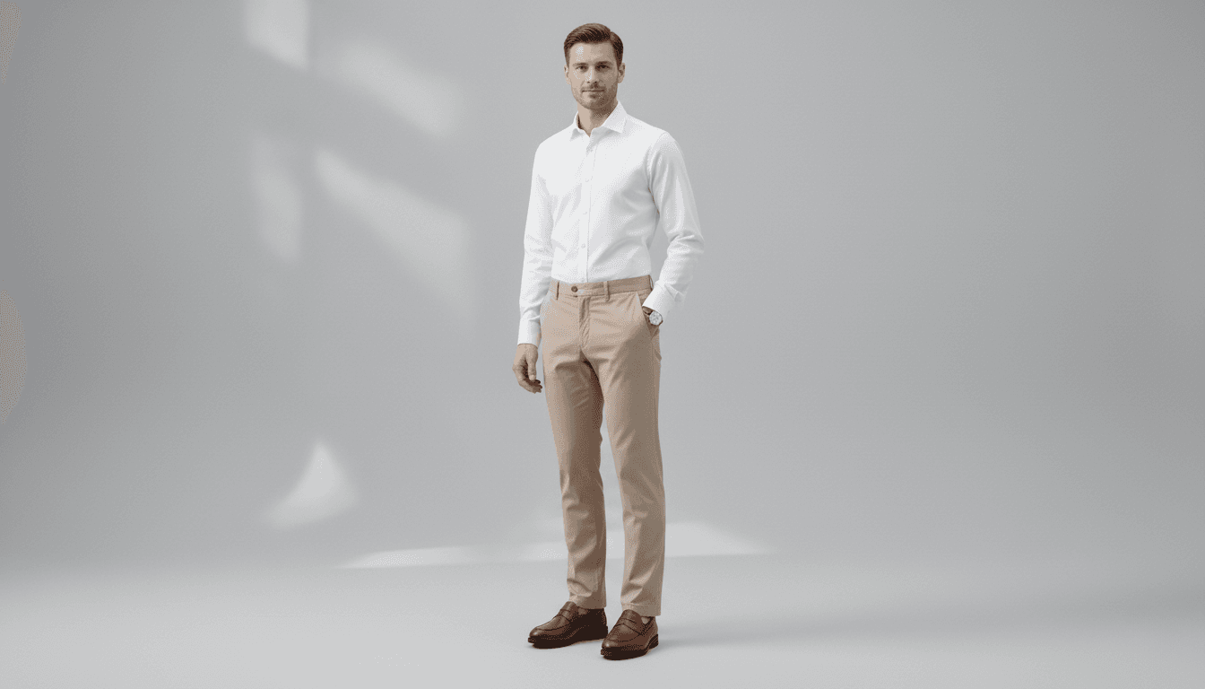 AI-generated male model in white dress shirt and beige chinos - professional e-commerce ready fashion photography from product photos