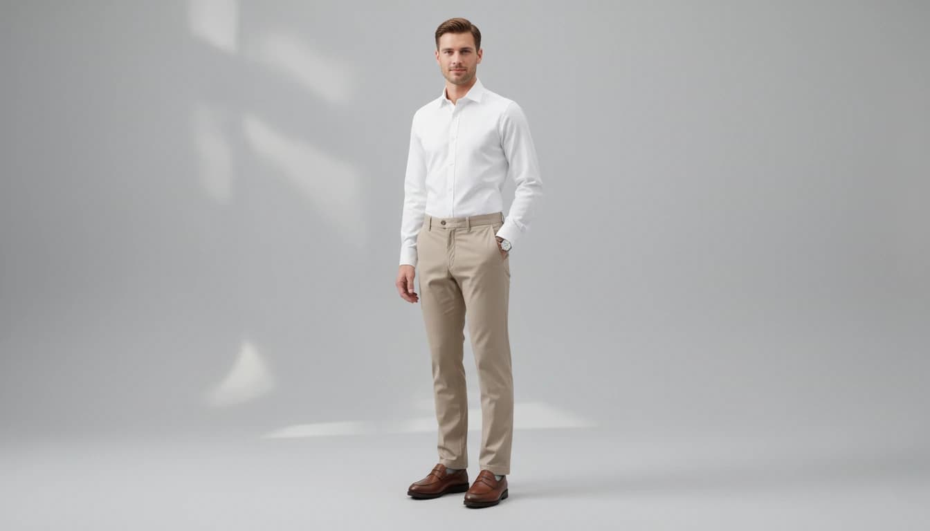 AI-generated male model in white dress shirt and beige chinos - professional e-commerce ready fashion photography from product photos