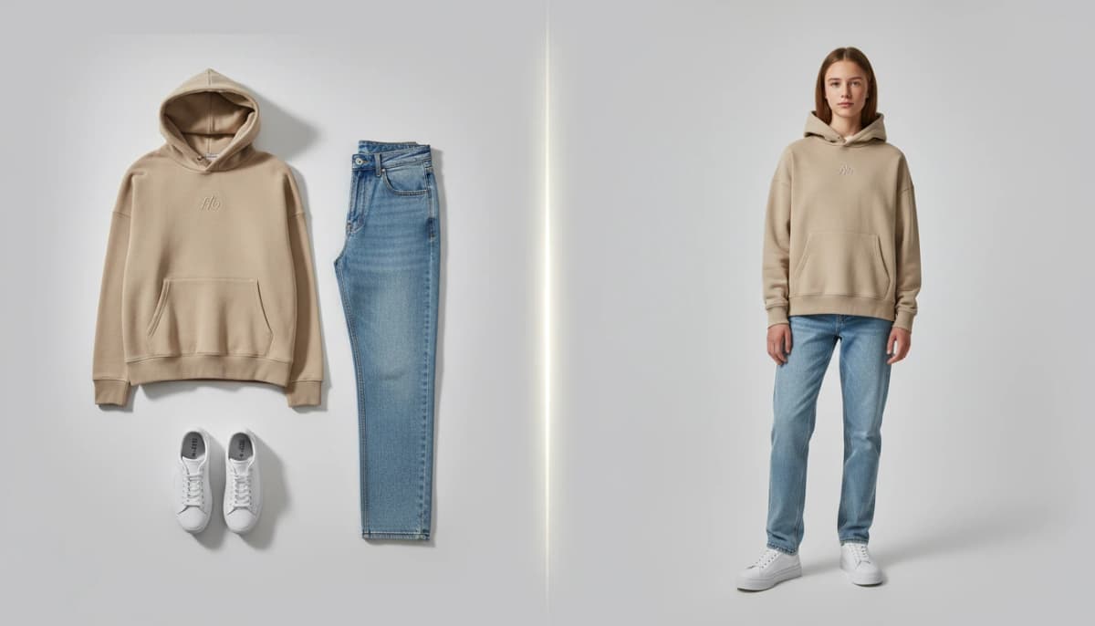 Teen clothing flat-lay transformed into on-model photography - beige hoodie, blue jeans, and white sneakers with realistic fit