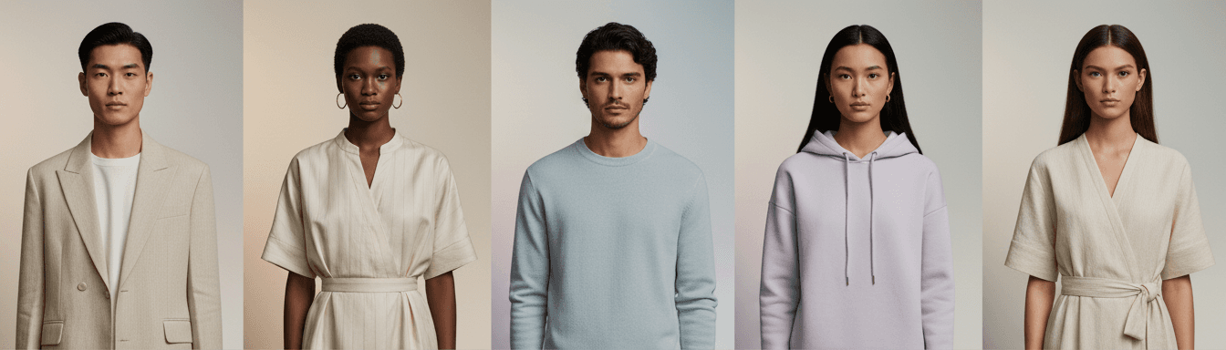 AI fashion model in four different poses wearing black top and gray pants showing pose variation consistency