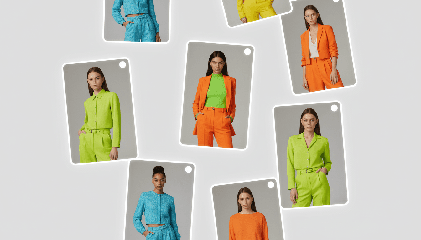 AI fashion model selection interface showing model in vibrant colorful suits - turquoise, lime green, and orange business attire