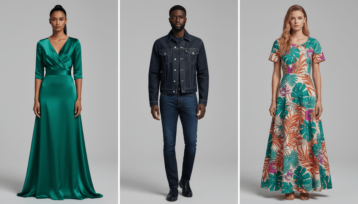 AI virtual try-on preserving garment details: green satin dress, denim jacket, and tropical print maxi dress shown on diverse models