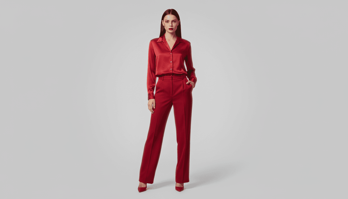 AI virtual try-on result: professional model wearing red satin matching suit with button-up blouse and tailored trousers