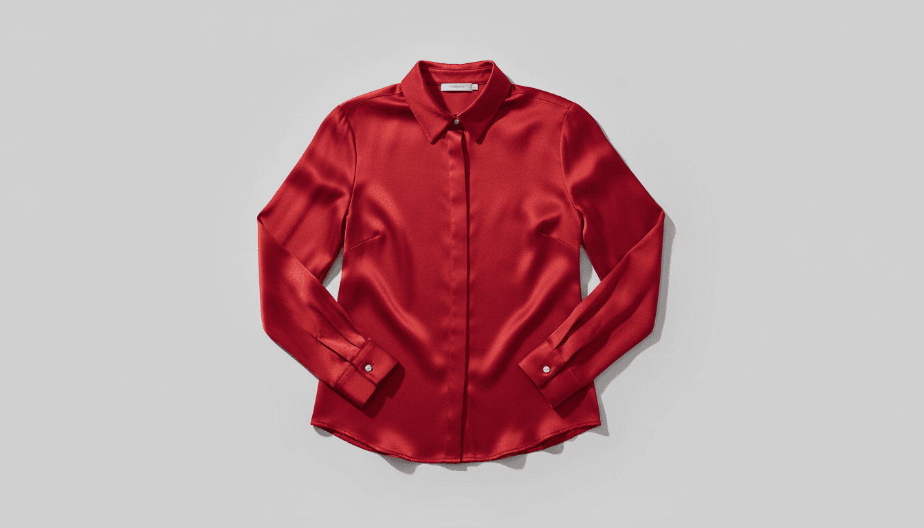 Example garment upload: red satin button-up shirt flat-lay product photo for AI virtual try-on