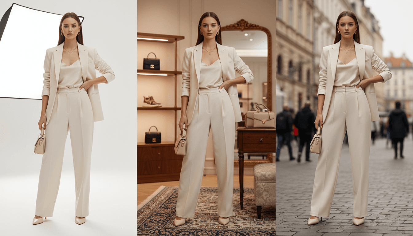 WearView AI fashion model in beige suit shown in three different background settings: modern studio, luxury retail, and urban street