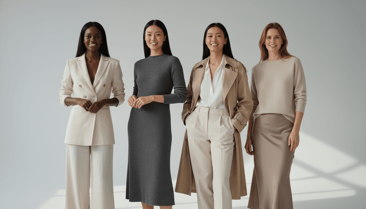 Four diverse AI-generated fashion models in professional studio setting wearing neutral business attire: white blazer, gray dress, beige trench coat, and sweater