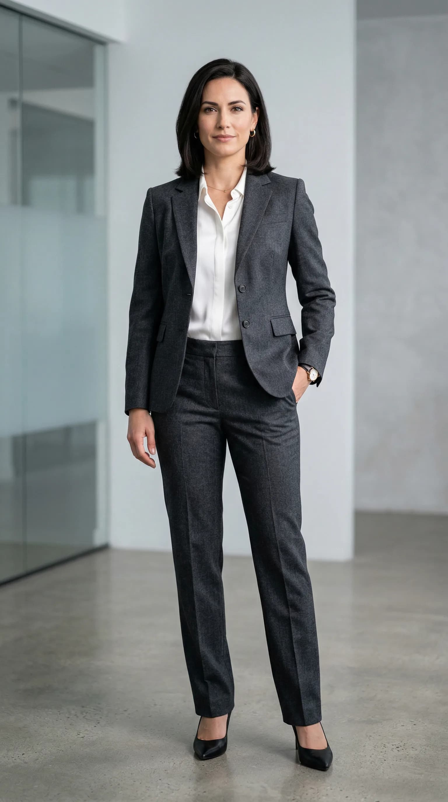 AI generated model in business suit for corporate fashion product page