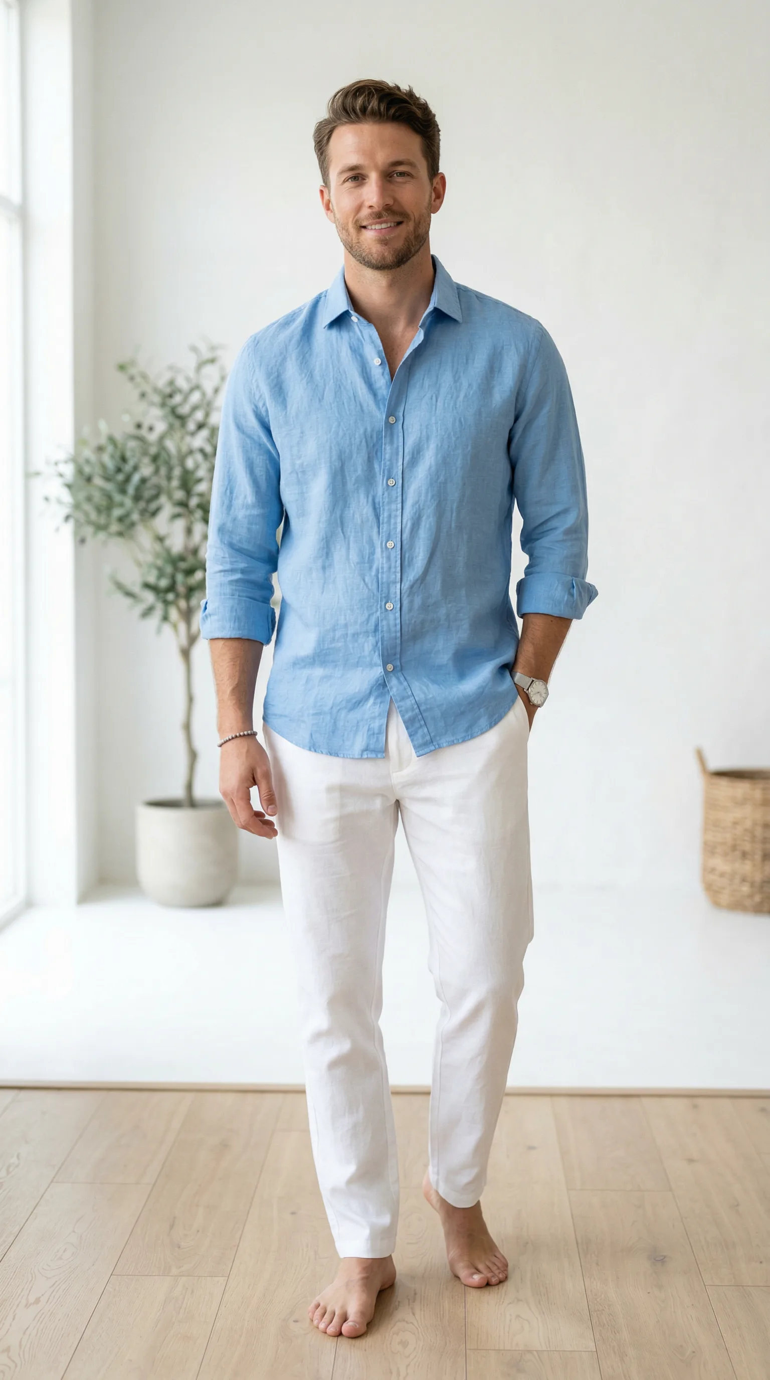 AI fashion model in linen shirt for summer collection e-commerce