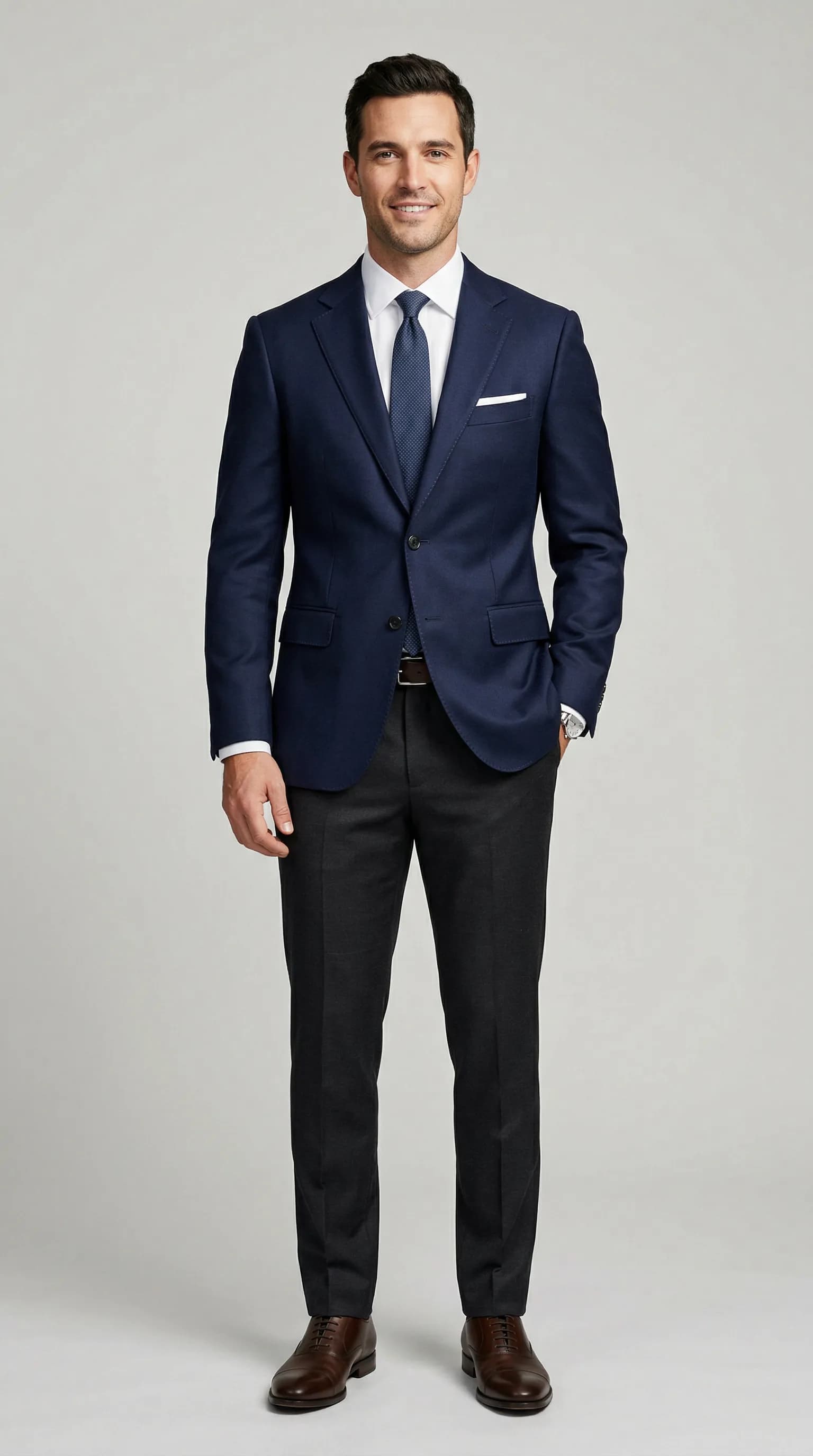 AI fashion model in navy blazer for professional product listing