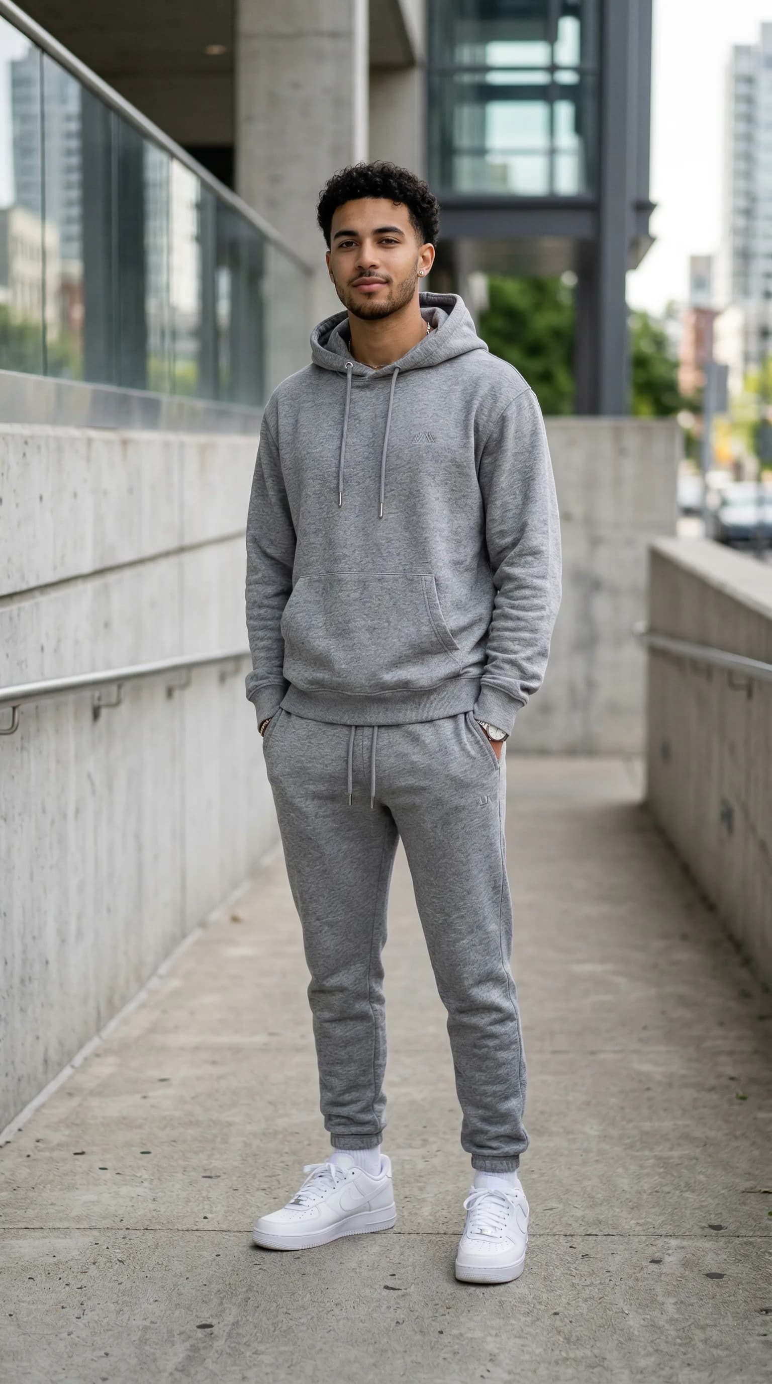 AI model in casual streetwear hoodie for urban product photography