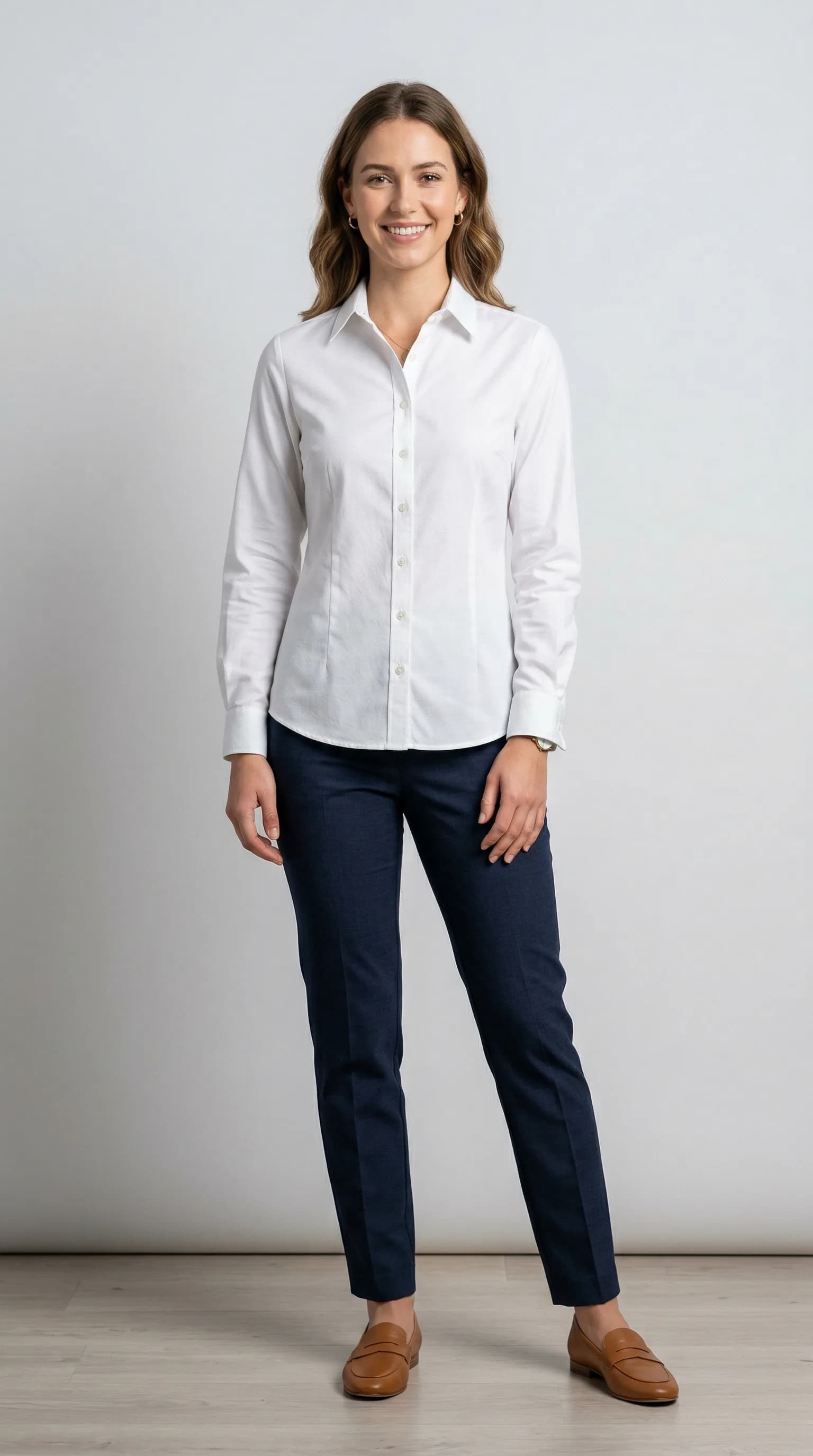 AI generated model in white blouse for e-commerce product page