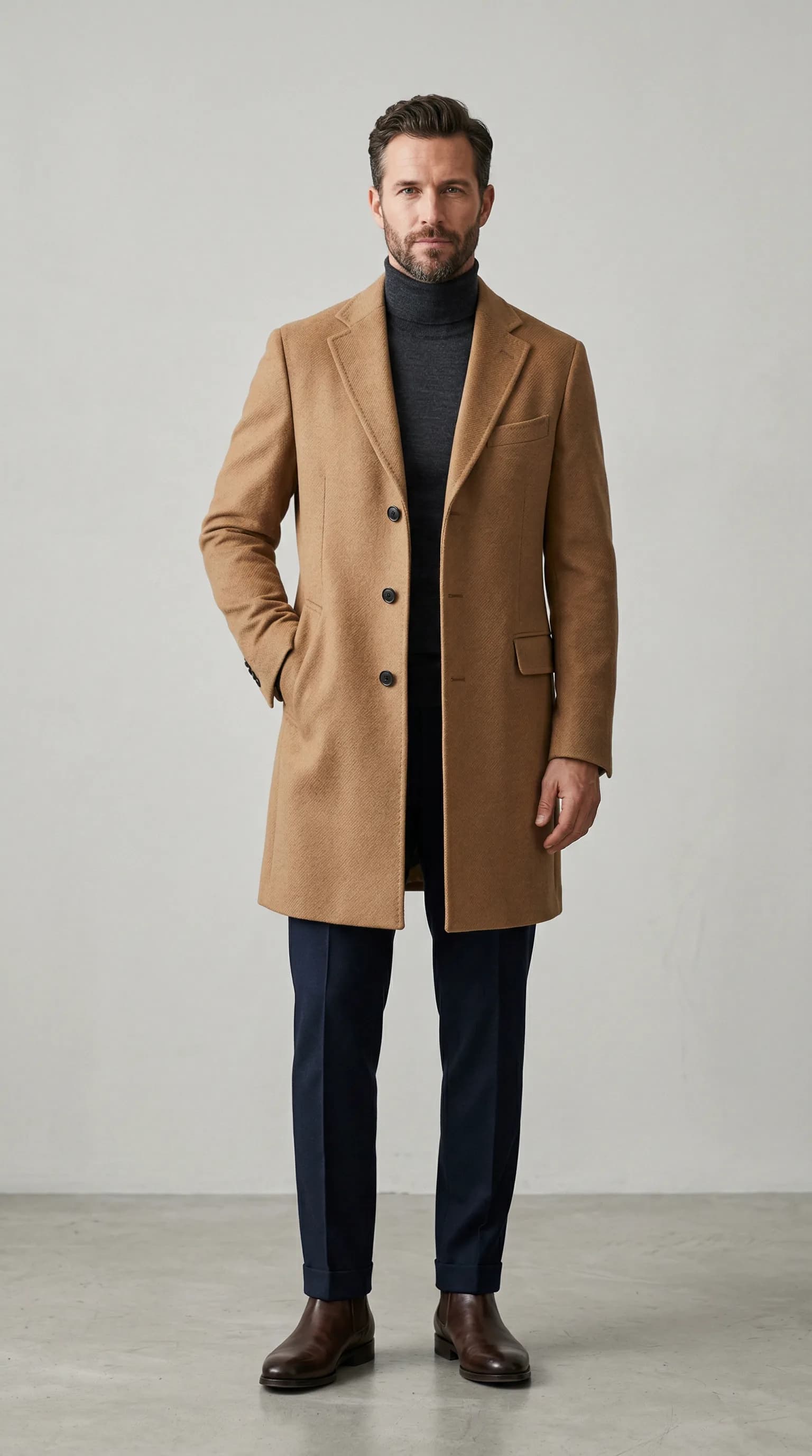 AI fashion model in wool overcoat for outerwear product listing