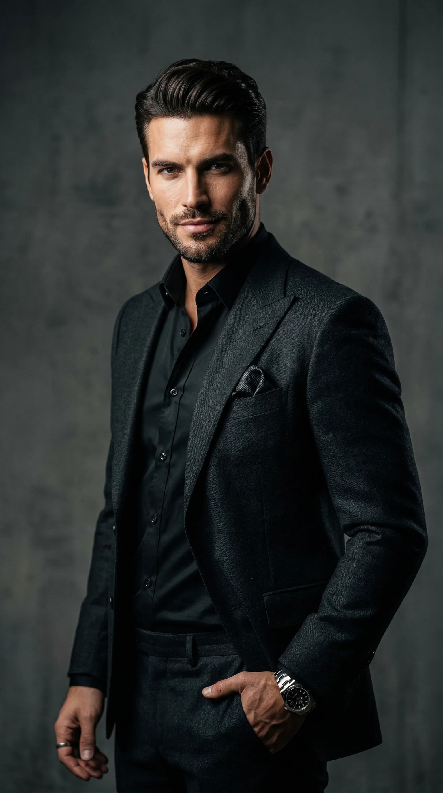 AI fashion model in premium black suit editorial