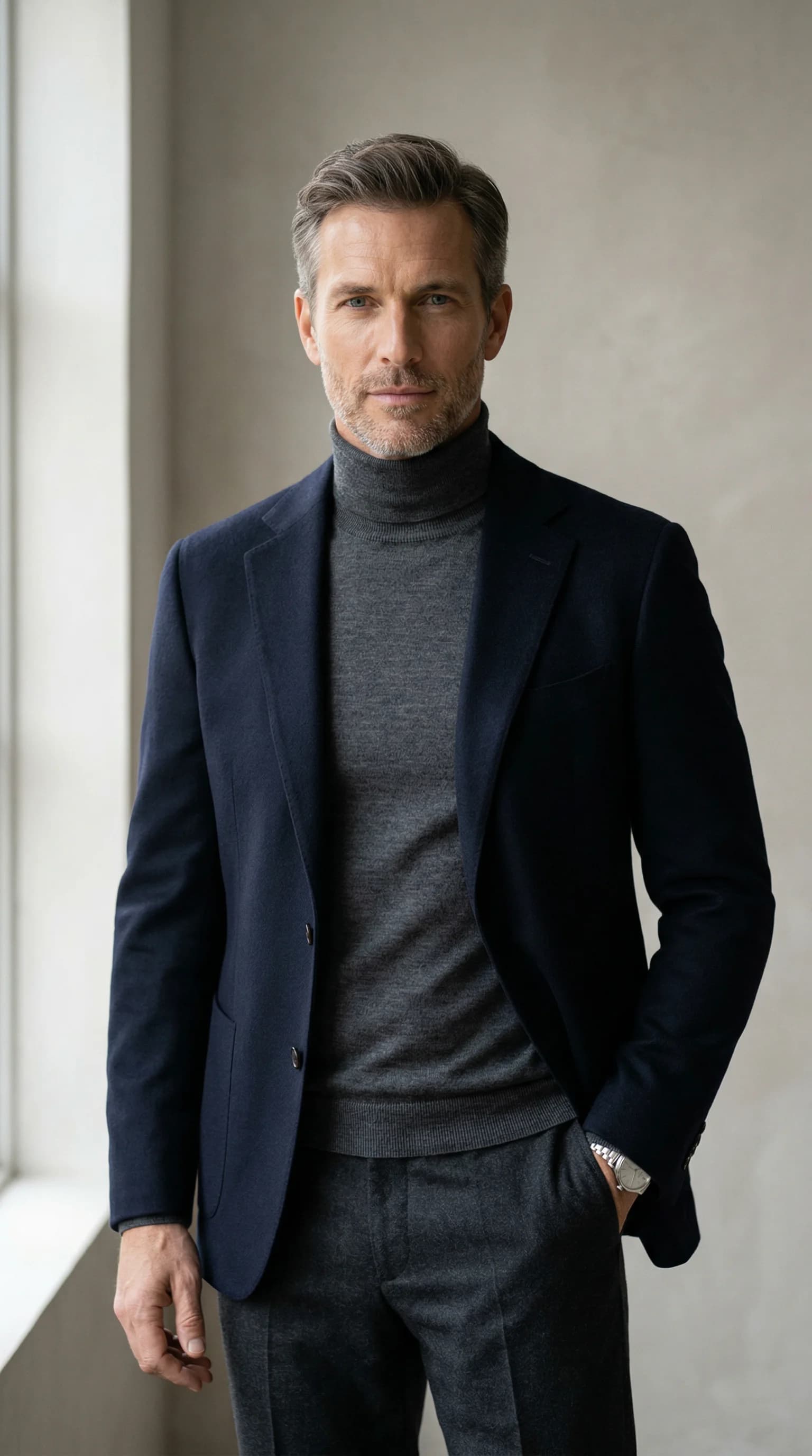 AI fashion model in refined navy blazer editorial