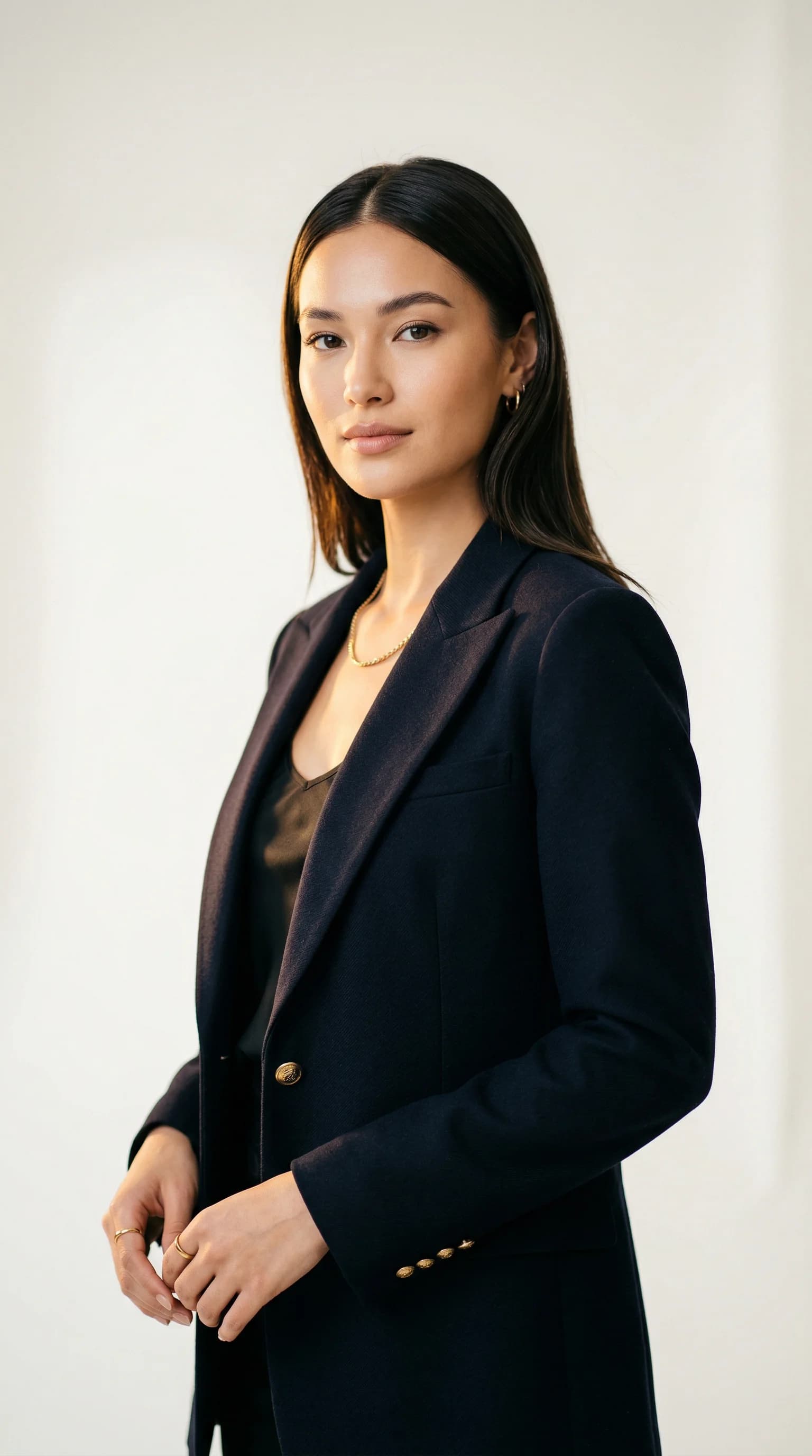 AI fashion model in luxury navy blazer editorial