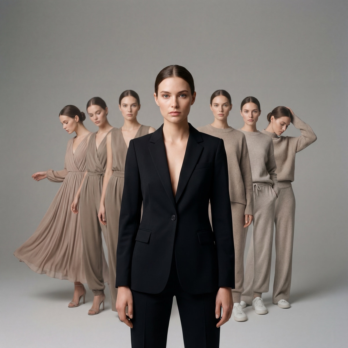 Fashion model showing multiple outfit variations - black suit versus neutral tones in studio photography