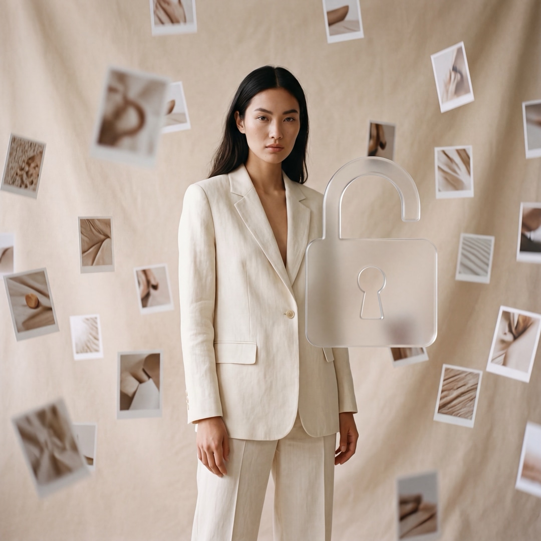 Fashion model in linen suit with unlocked rights symbolized by frosted glass padlock and polaroid photos