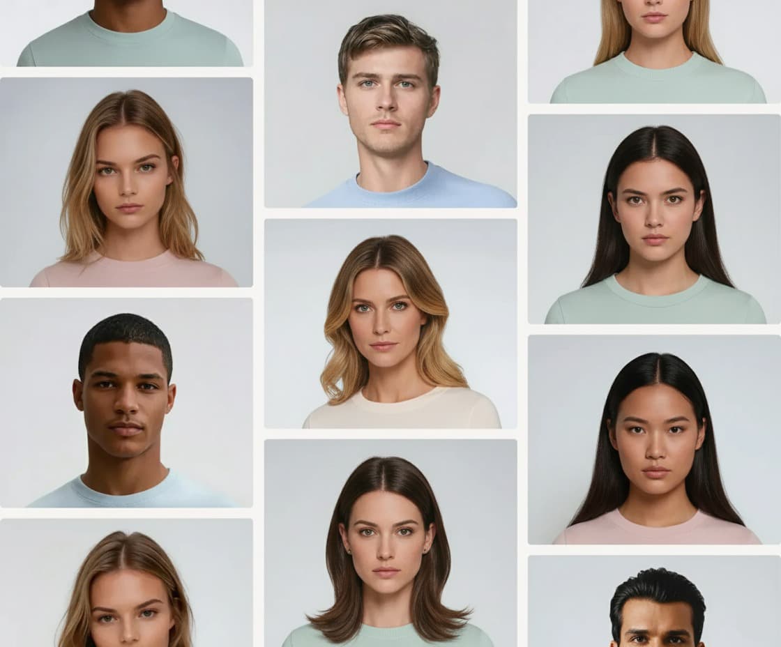 Diverse AI-generated fashion models in neutral clothing basics showcasing variety of ethnicities, genders, and styles for inclusive e-commerce product photography