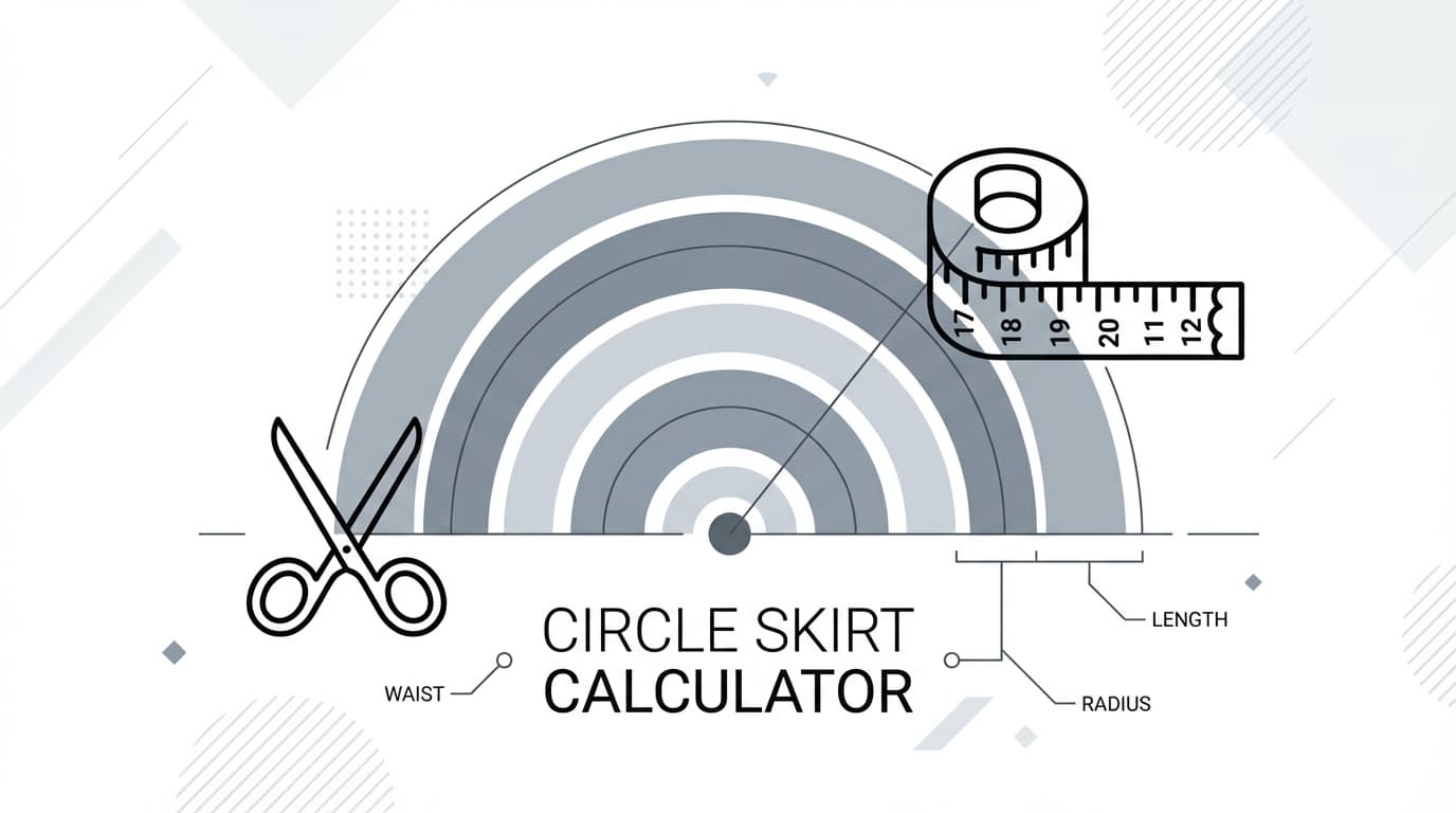 Circle skirt calculator tool illustration with concentric semi-circles, measuring tape, and scissors icons showing waist, radius, and length measurements