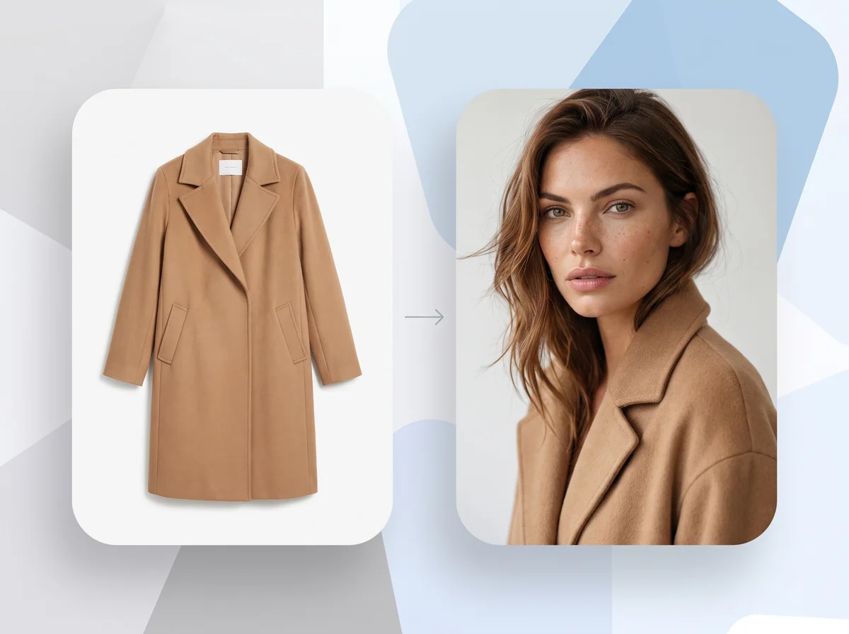 A flat-lay clothing photo transformed into a worn shot on a realistic AI model
