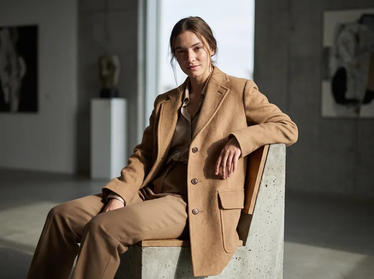 AI clothing model generator: a seated shot of an AI model wearing the coat