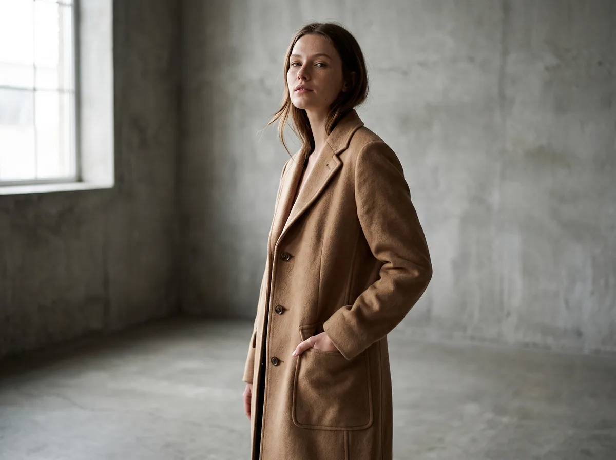 AI clothing model generator: the same coat worn by an AI model in a studio