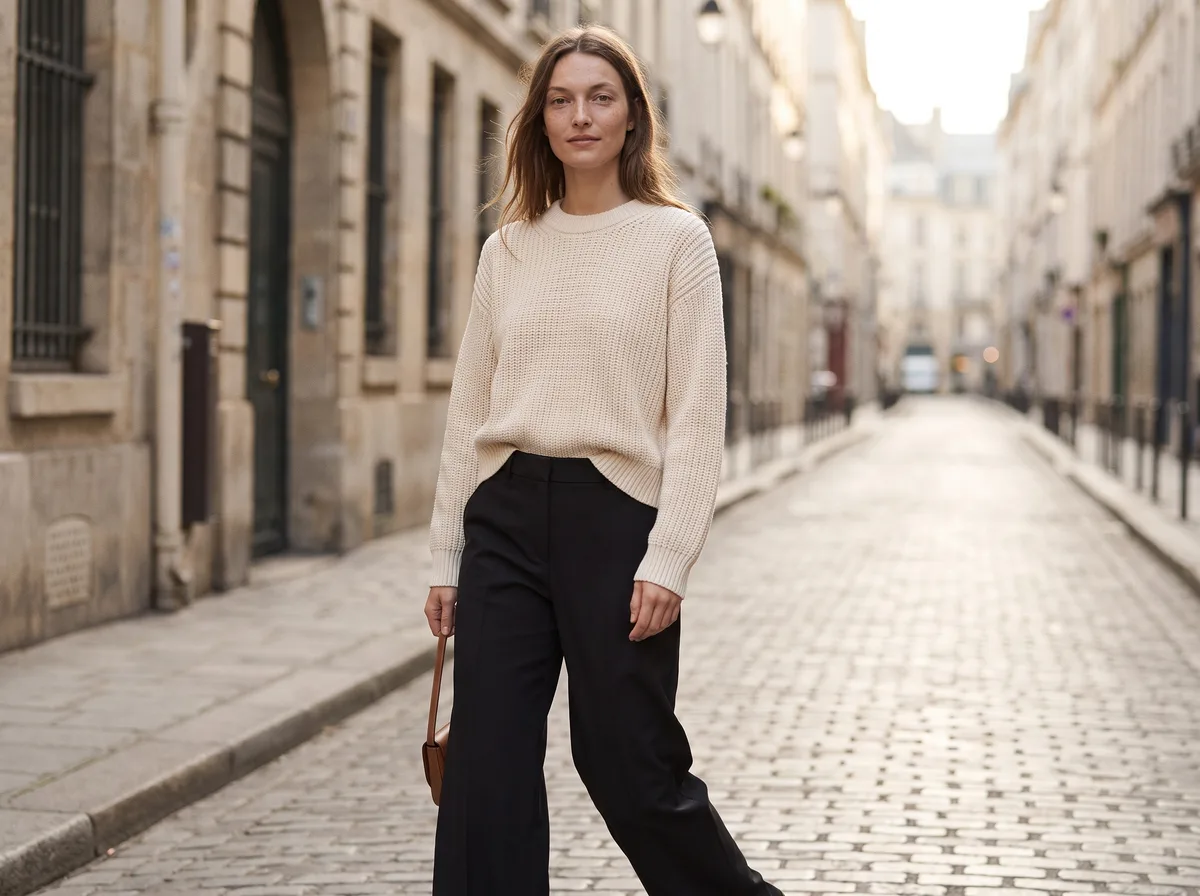 AI fashion lookbook: look two, the same model in the knit and trousers on a street