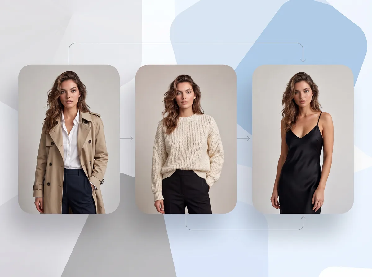 The same model wearing one collection across the pages of a fashion lookbook