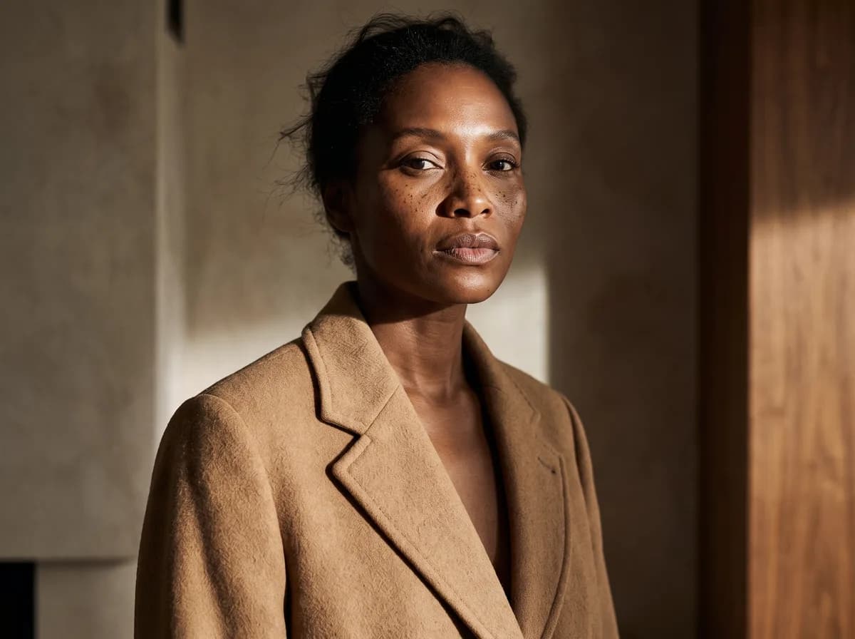 AI fashion model generator: an editorial studio portrait of a model in a camel coat