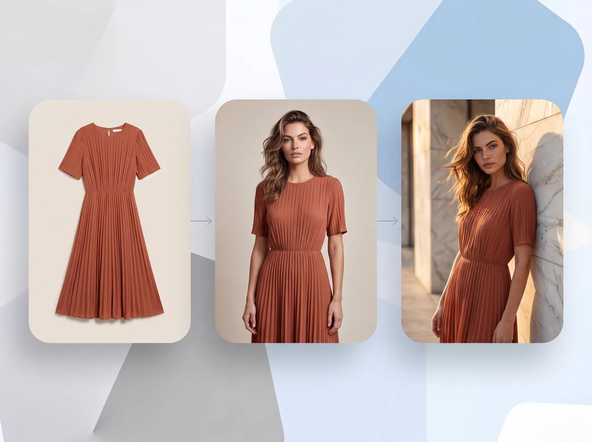 A dress flat lay turned into finished photoshoot shots on a model