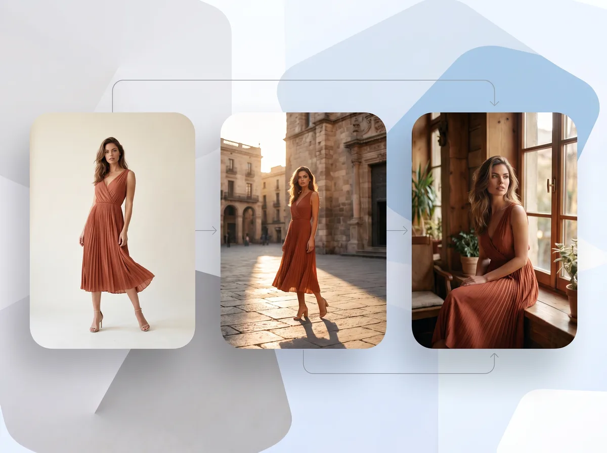 The same model and dress shot across studio, plaza, and interior scenes