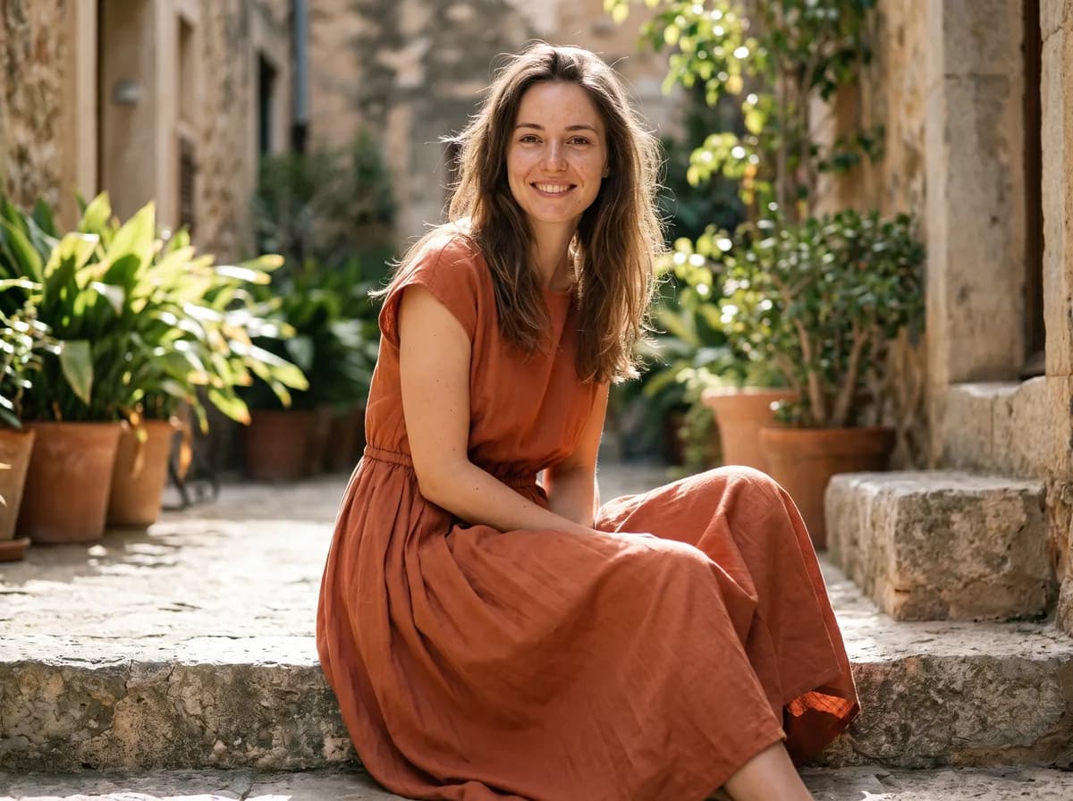 AI fashion photoshoot: a seated courtyard shot of a model in the terracotta dress