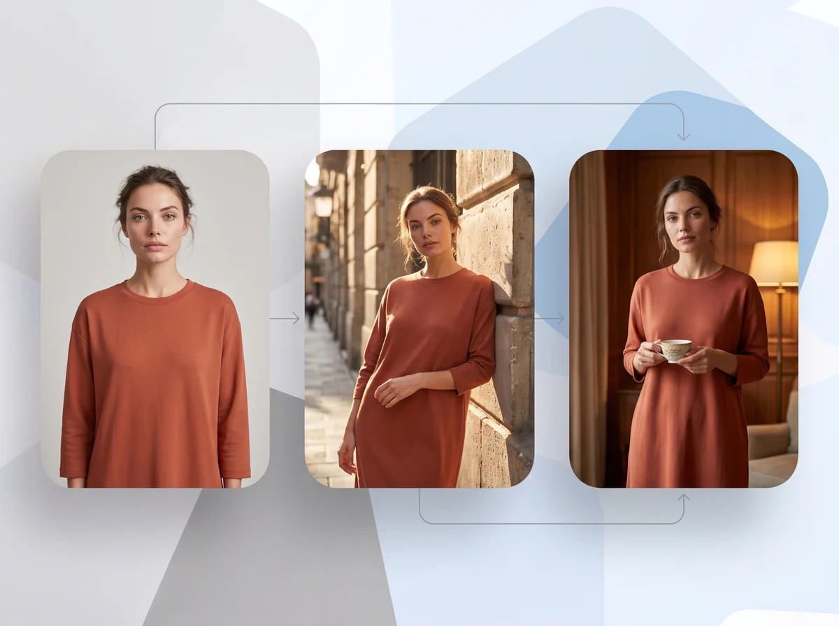 Eén outfit gefotografeerd in studio-, straat- en binnenscènes