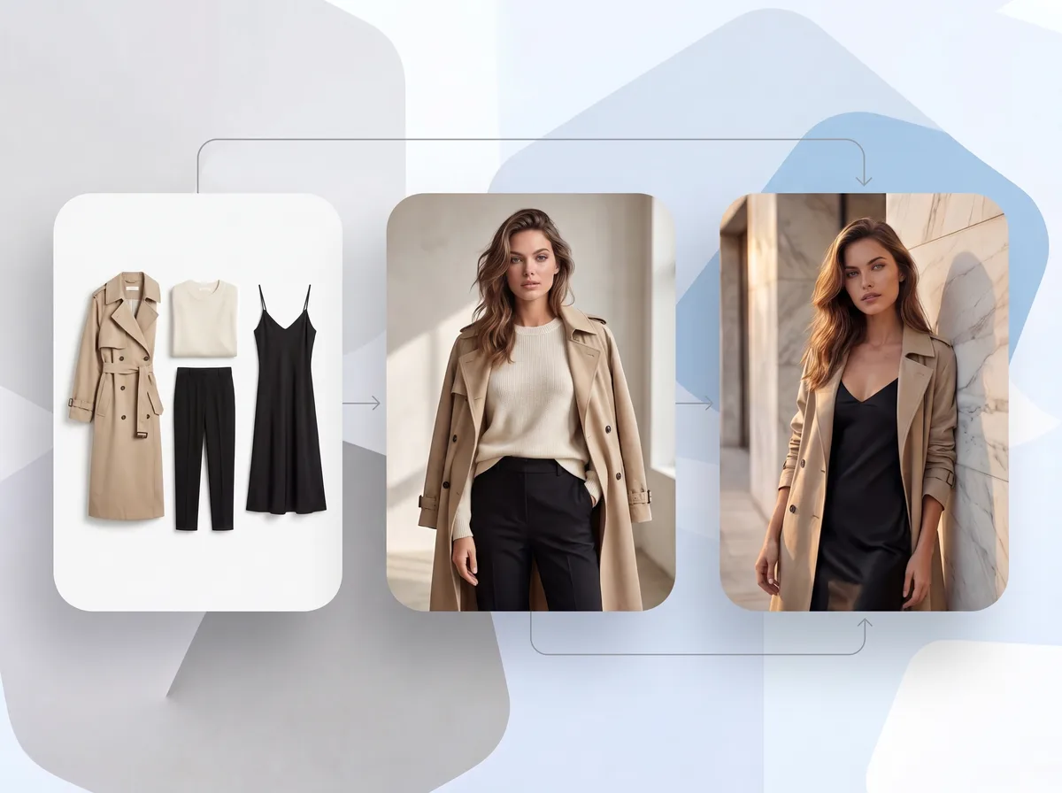 A capsule collection flat lay turned into styled on-model lookbook looks