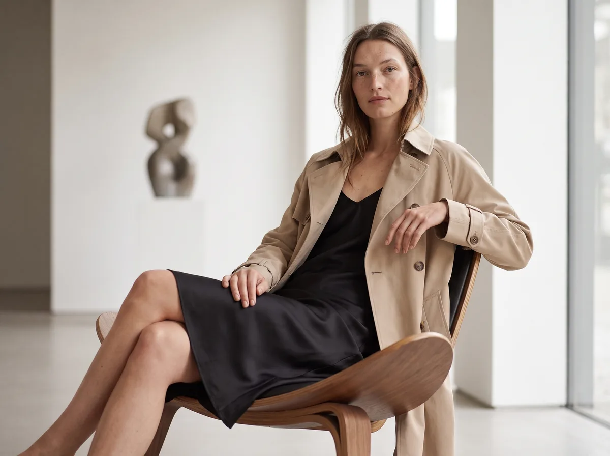 AI lookbook generator: look four, the same model seated with the trench over the dress