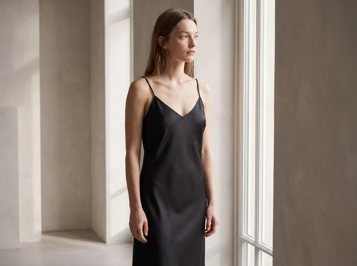 AI lookbook generator: look three, the same model in the slip dress by a window