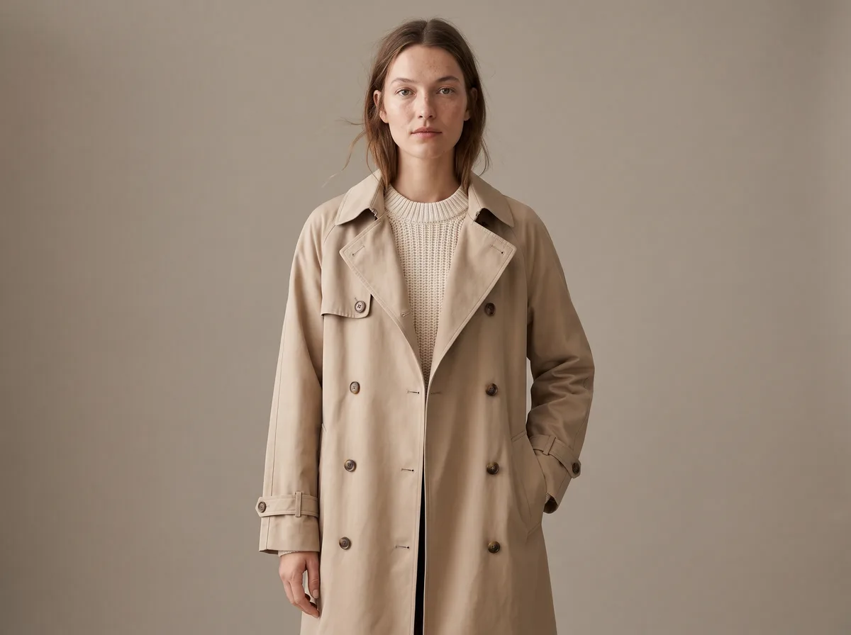 AI lookbook generator: look one, the model wearing the trench coat in a studio