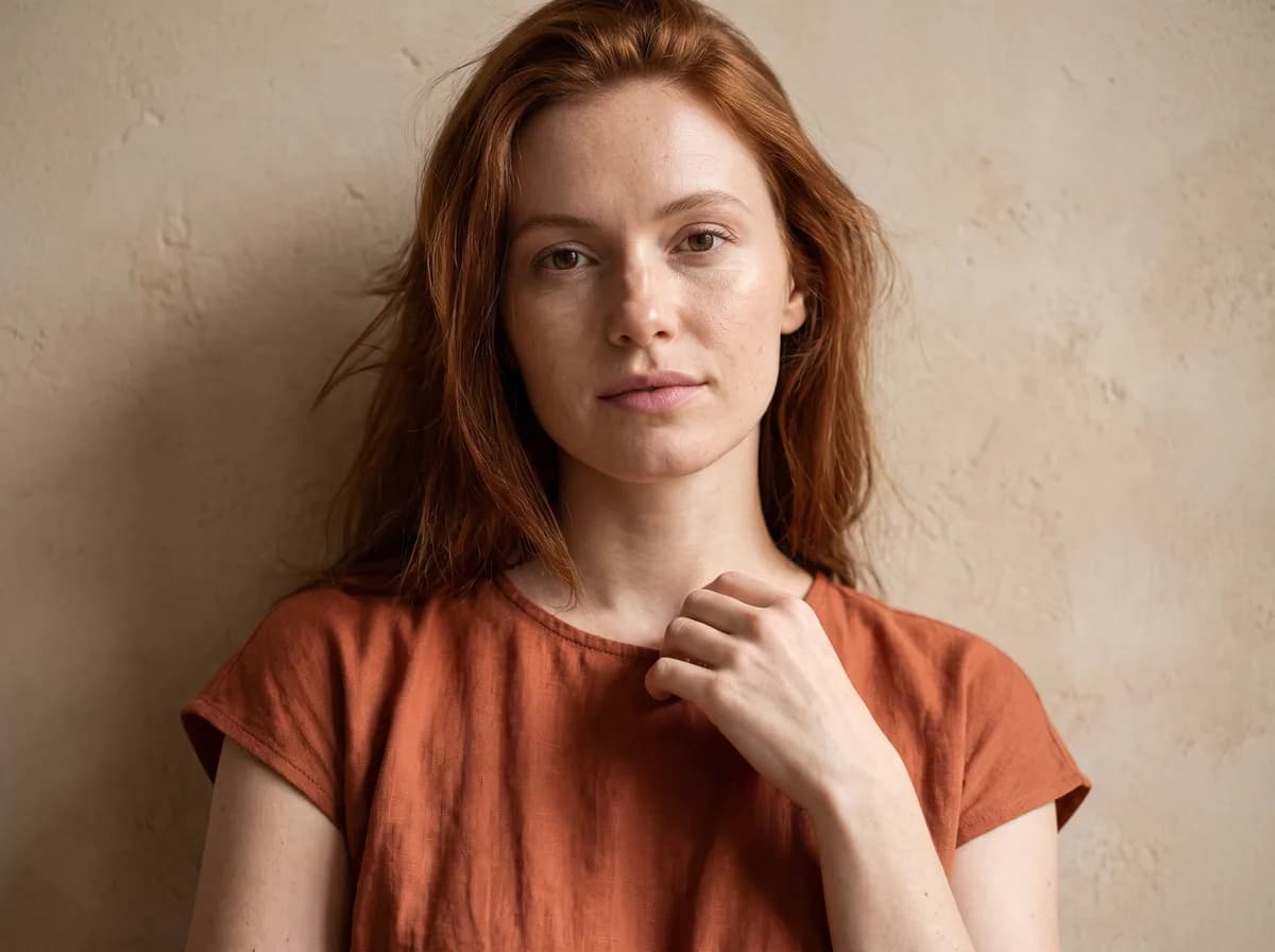 AI-modelshoot: een editorial portret van een model in de terracotta jurk