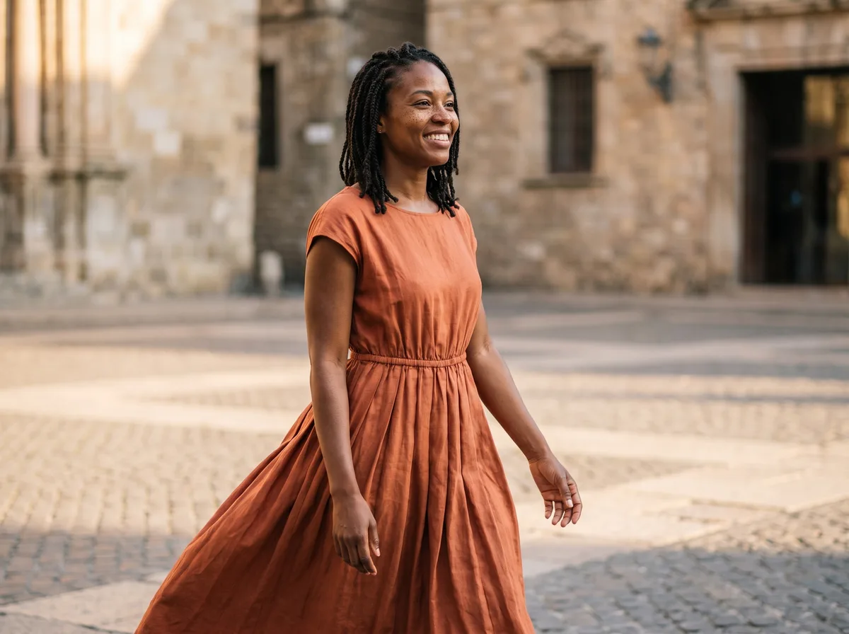 AI-modelshoot: een gouden-uur opname van een model in de terracotta jurk op straat