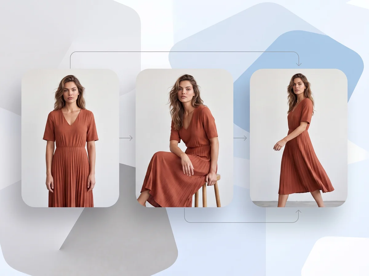 Hetzelfde model gefotografeerd in meerdere poses en lichtopstellingen