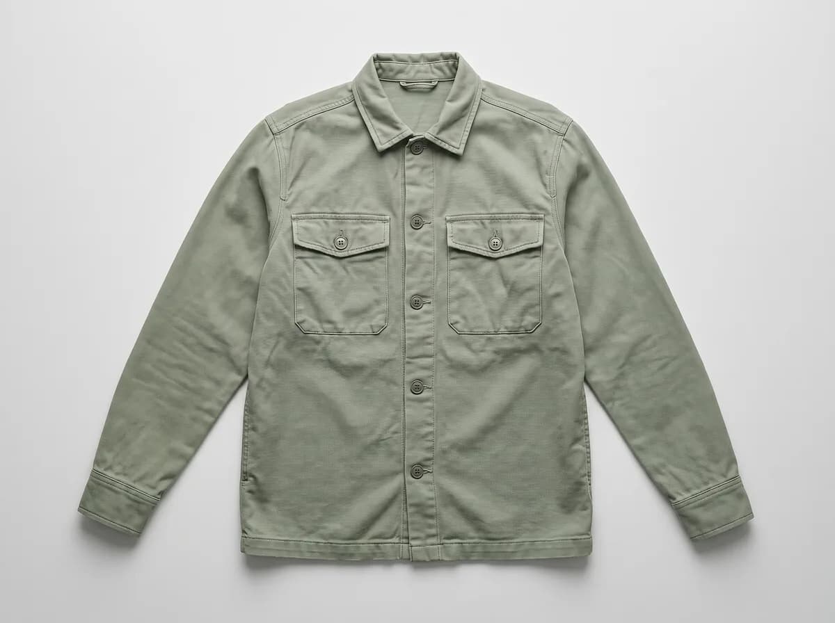 AI photoshoot for clothing brand: a sage-green overshirt flat lay ready for the shoot