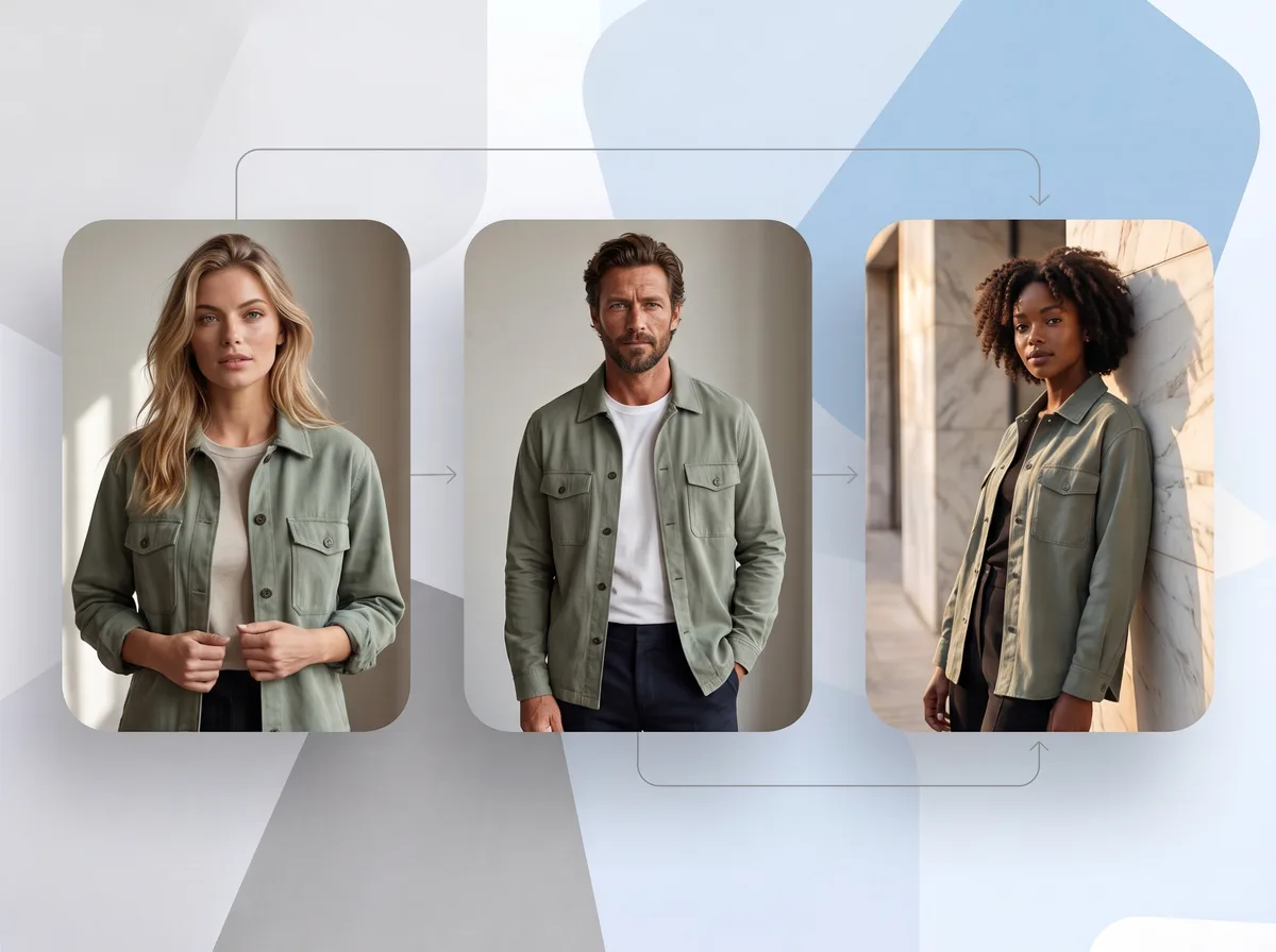 The same garment photoshot on a diverse cast of AI models