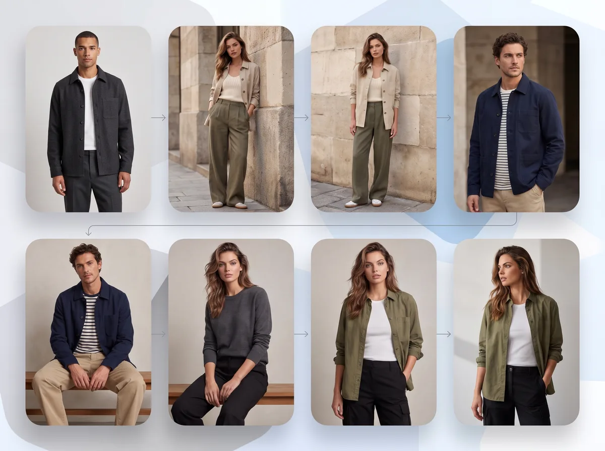 A clothing brand's drop photoshot into a catalog-ready grid of shots