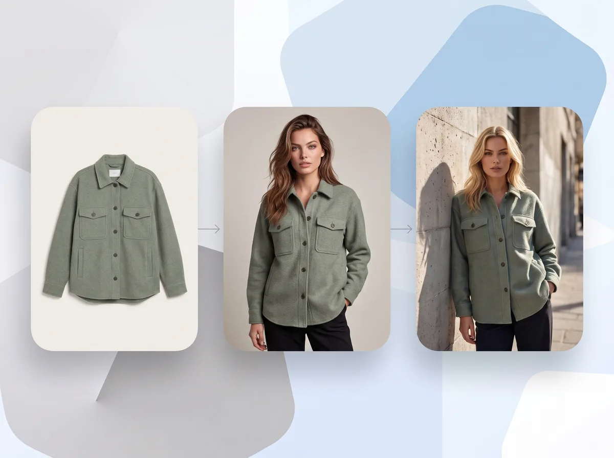A flat-lay garment photo turned into finished photoshoot shots on models