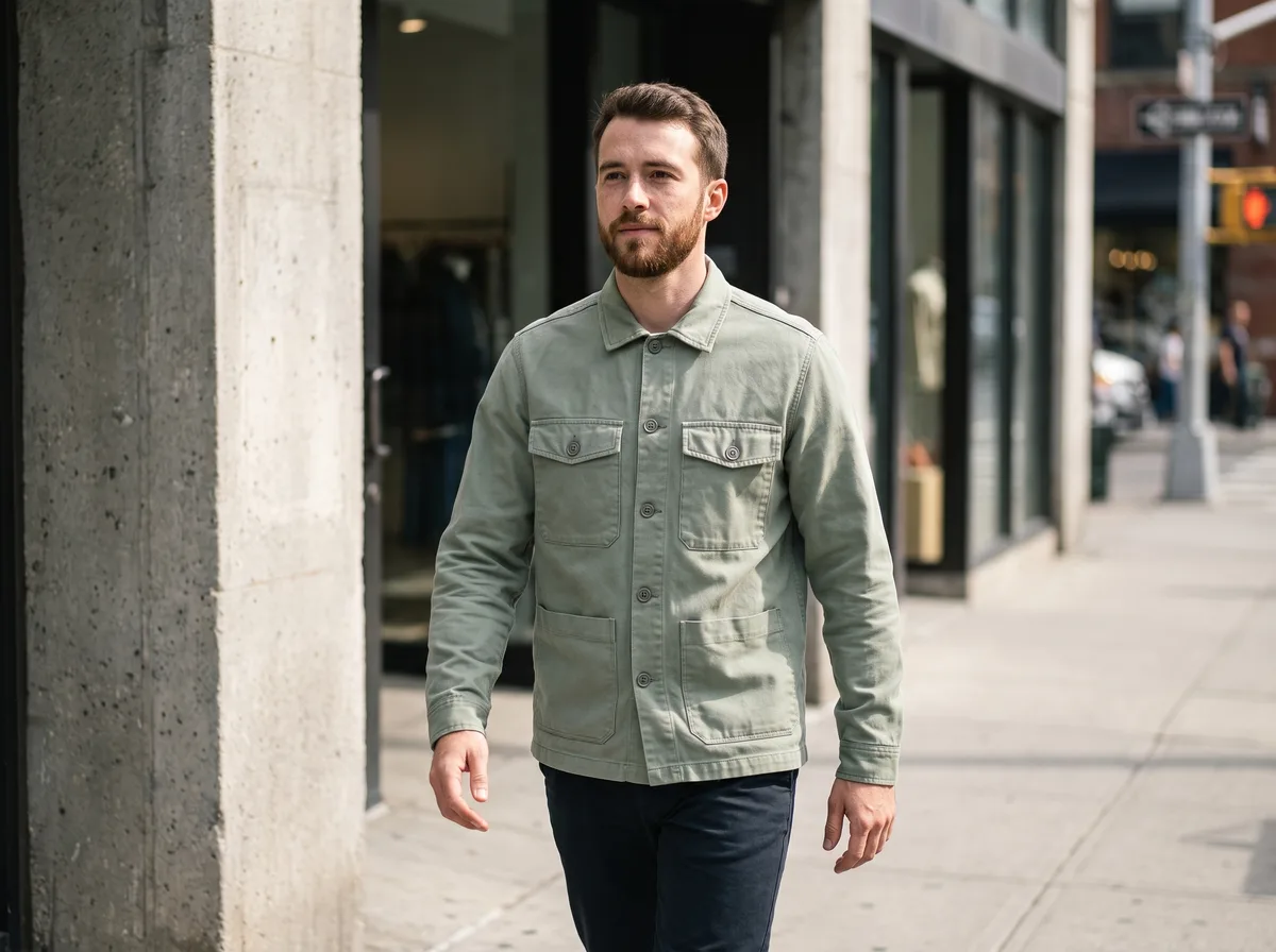 AI photoshoot for clothing brand: a street shot of a male model in the overshirt