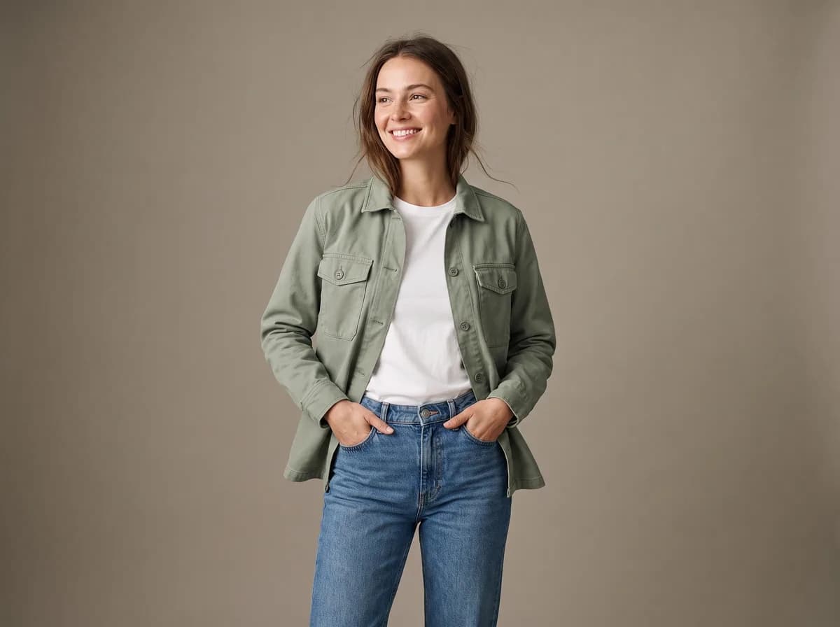 AI photoshoot for clothing brand: a studio shot of a model wearing the overshirt